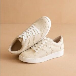 Cream and white, leather-like, casual shoes. 9.5.